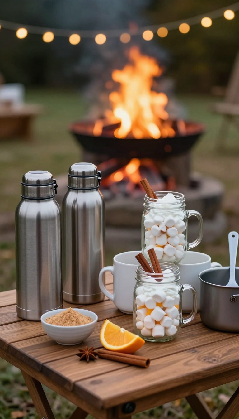 Backyard bonfire hot cocoa and cider station with thermoses, mugs, and toppings on a wooden table