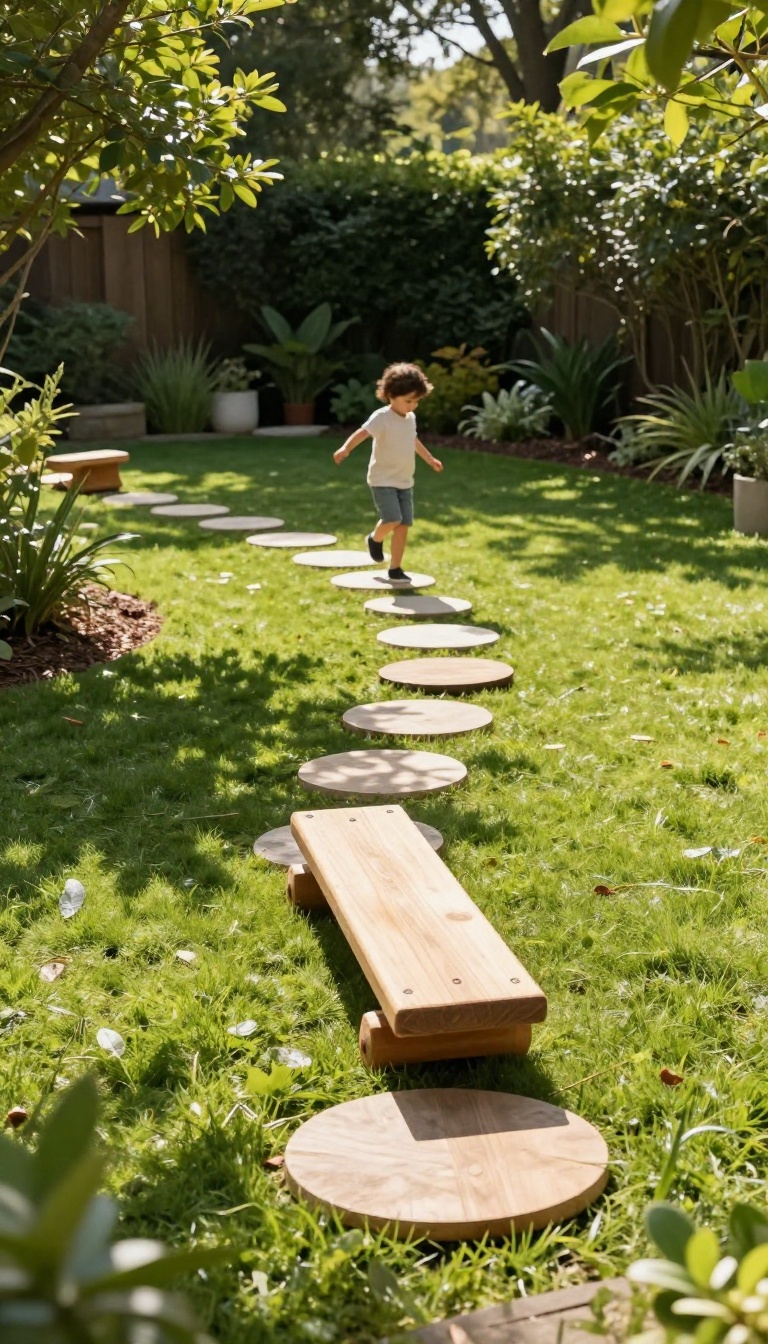 Child balancing on a low wooden beam beside a curving stepping stone path in a sunny backyard