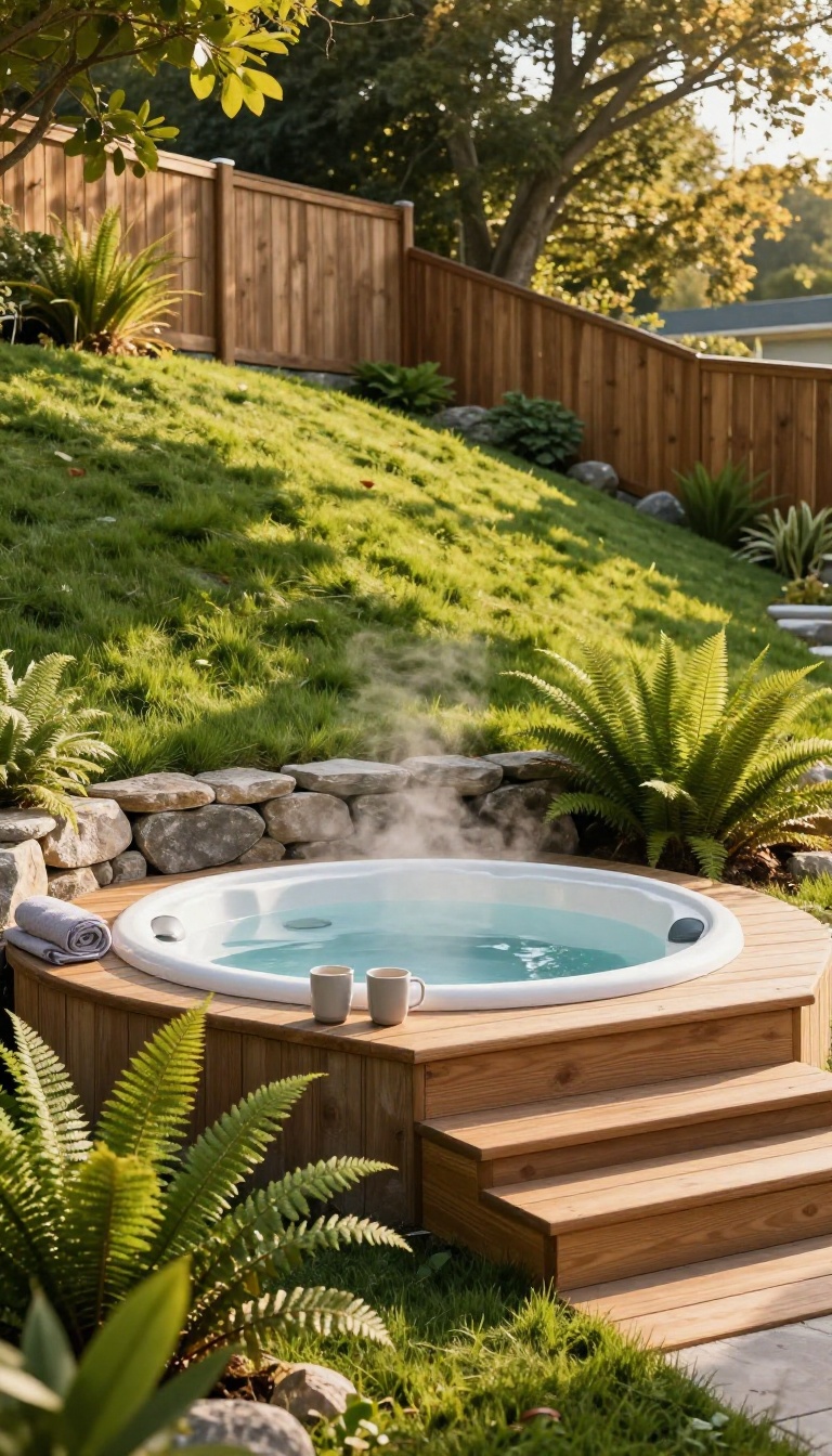 Built-in hot tub sunk into a grassy hillside with a wood deck surround, steam rising and towels on the edge at golden hour