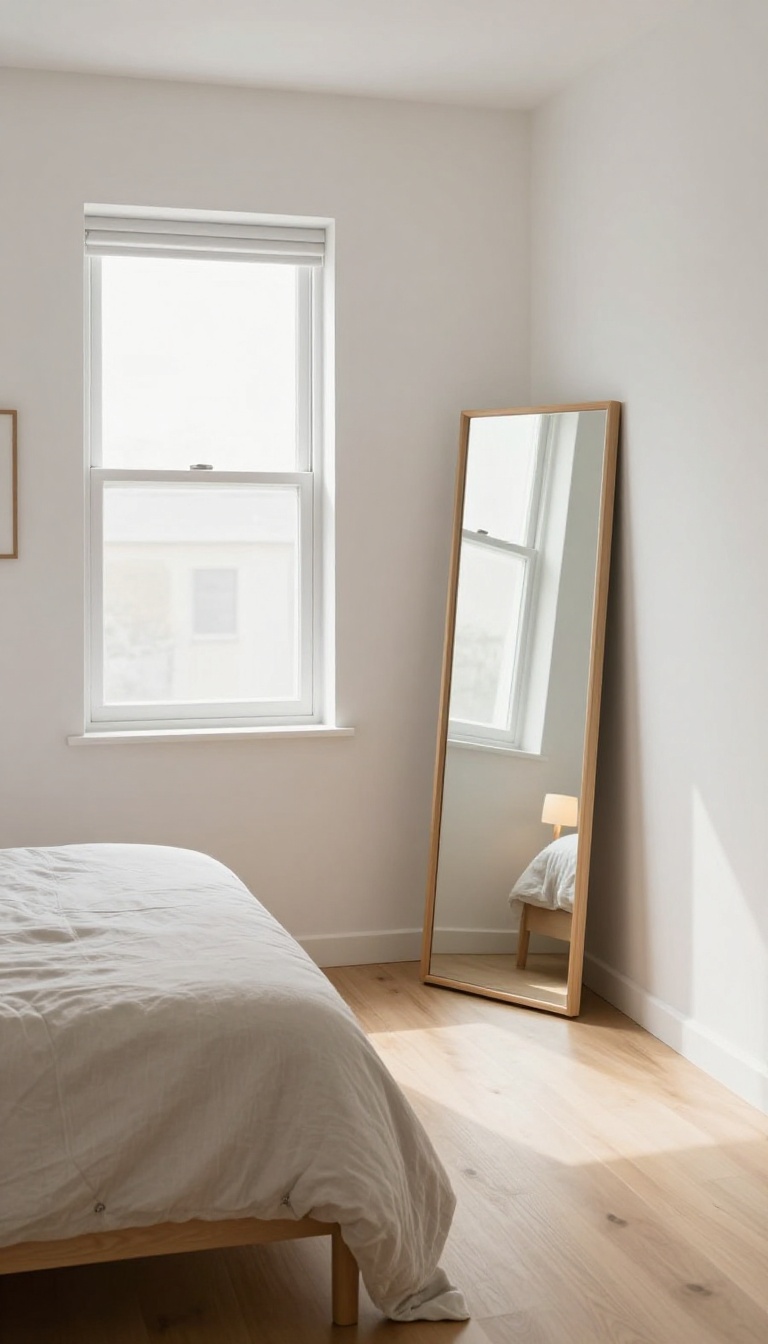 Large rectangular mirror on the wall opposite a bright window in a small narrow bedroom, reflecting light and making the space feel wider