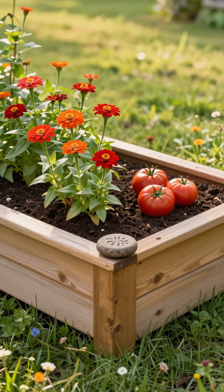 Cedar raised garden bed filled with zinnias and tomatoes in a sunlit backyard memorial garden
