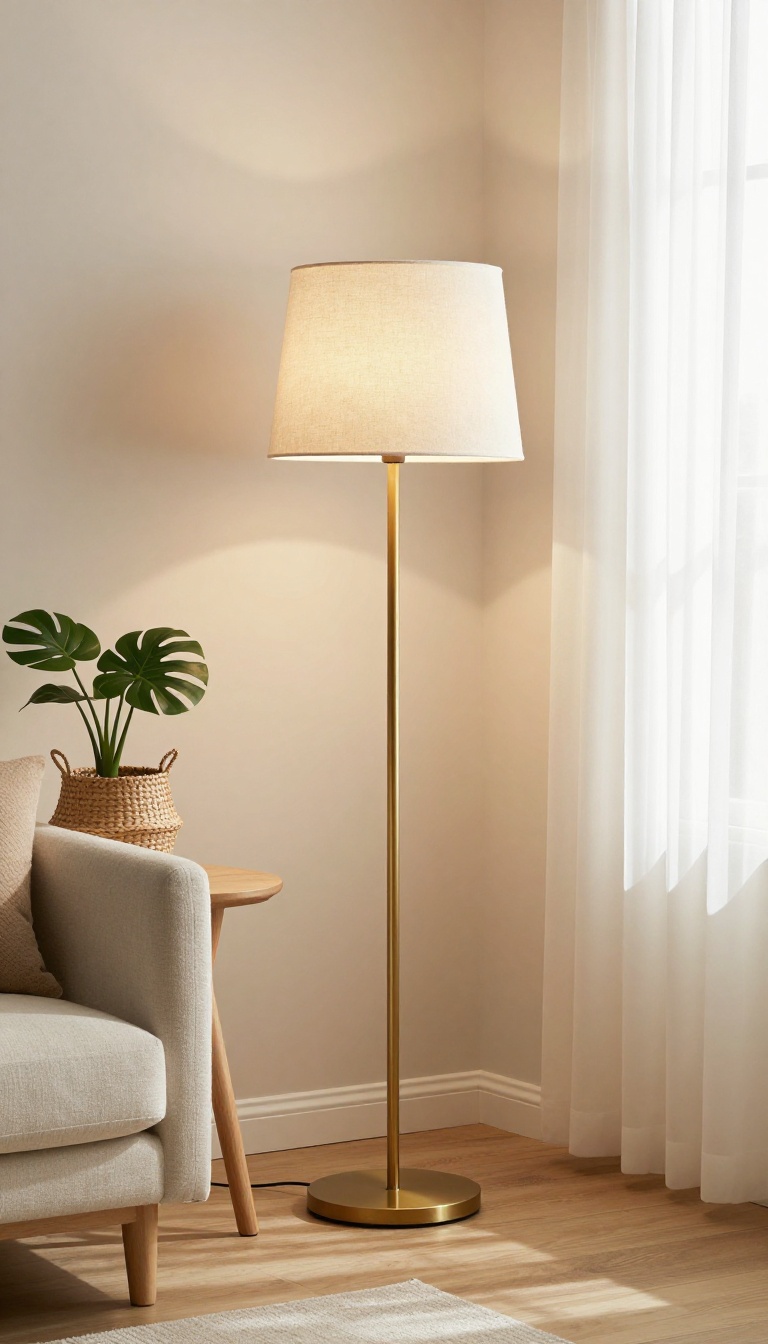 Living room side table with a lamp topped by a tall linen drum shade glowing warmly beside a neutral sofa and potted plant
