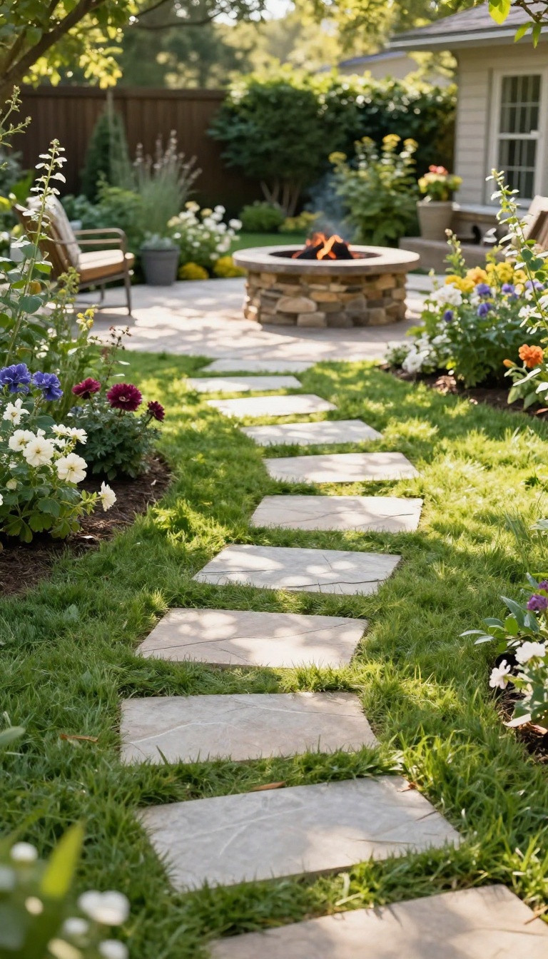 Curving flagstone stepping stone path across a sunny backyard lawn leading from a patio to a fire pit, framed by garden beds and trees