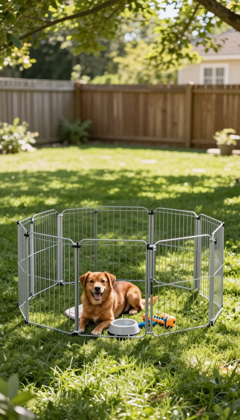 Portable metal exercise pen set up on a sunny backyard lawn with a small dog relaxing inside