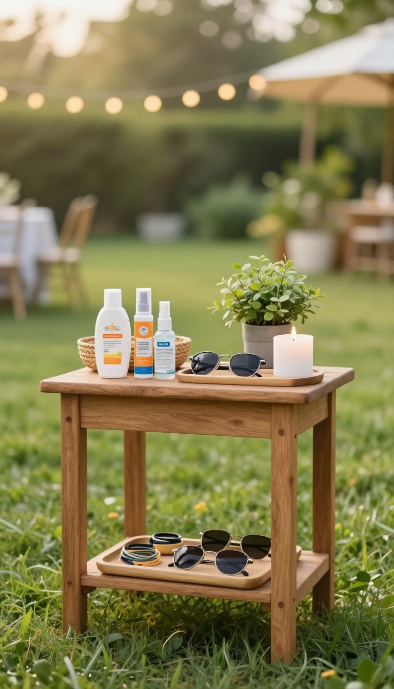 A styled outdoor welcome table with sunscreen, bug spray, hair ties, sunglasses, a potted plant, and a candle in a sunny backyard.