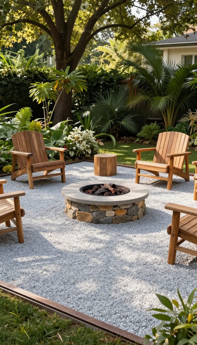 A gravel patio with a fire pit and seating area, surrounded by greenery, in warm natural light.