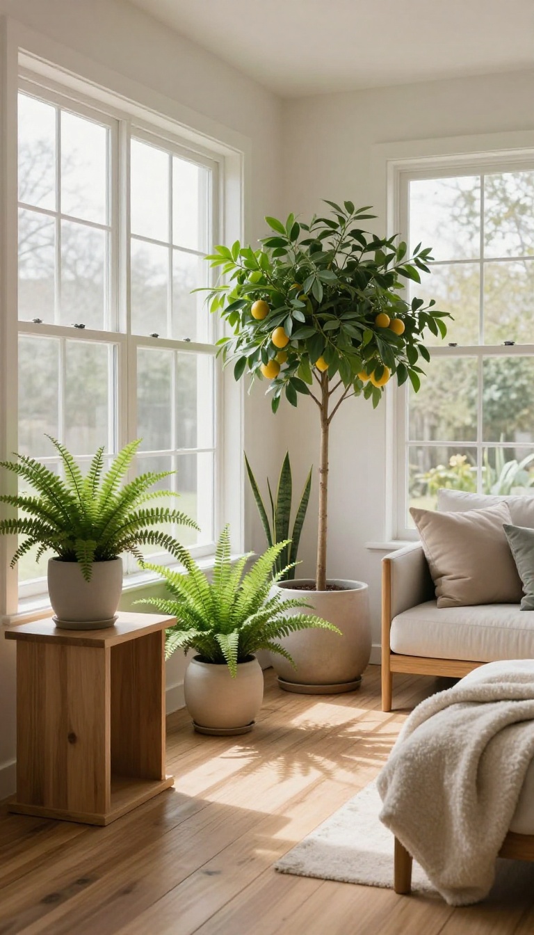 Cozy enclosed patio with cold-tolerant plants in stylish pots, soft natural light, and comfortable seating.