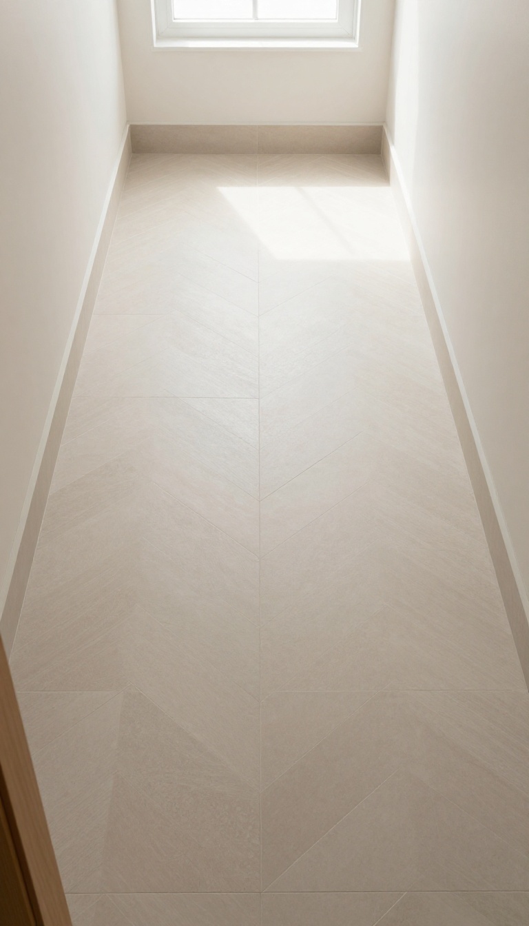 Neutral beige herringbone tile floor in a small bright bathroom with soft natural light