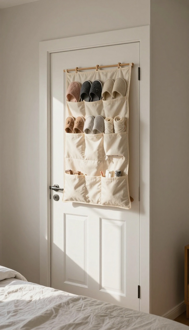Over-the-door fabric organizer hanging on a bedroom door holding slippers and accessories in a small bright bedroom