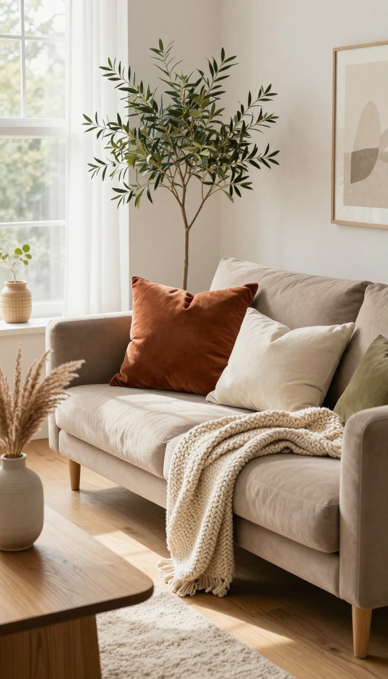 Taupe sofa with textured throws and cushions in a cozy living room