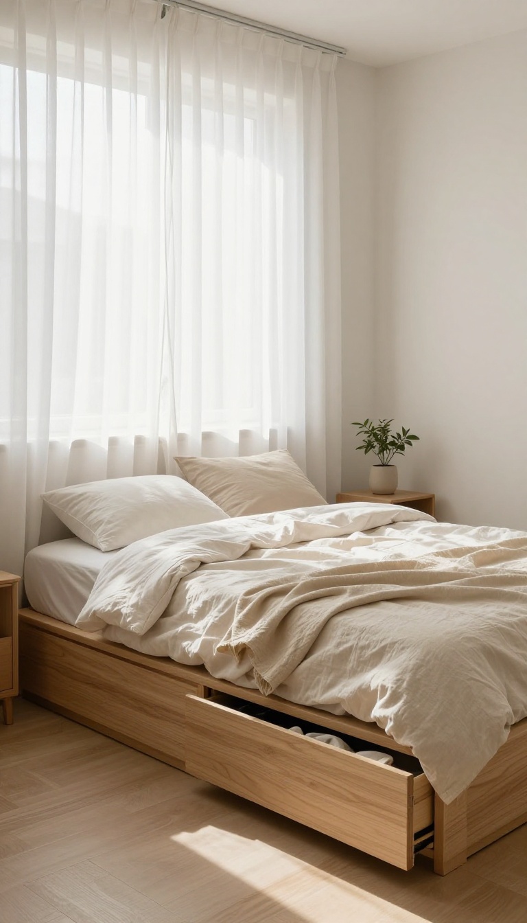 Bright Korean-inspired small bedroom with a low platform bed featuring hidden built-in under-bed drawers for calm, clutter-free storage
