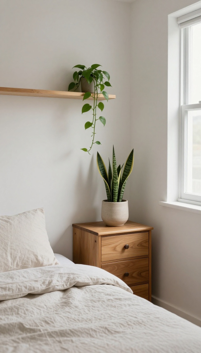 Cozy small bedroom corner with a snake plant beside a dresser and a trailing pothos on a floating shelf near a bright window