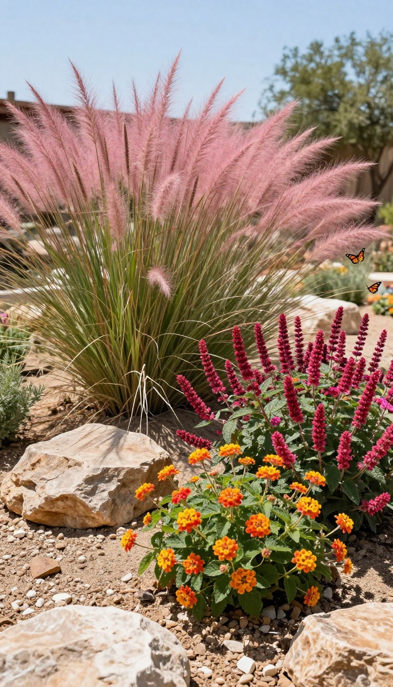 Sunny Texas backyard garden bed with native drought-tolerant plants including pink muhly grass, autumn sage, and lantana