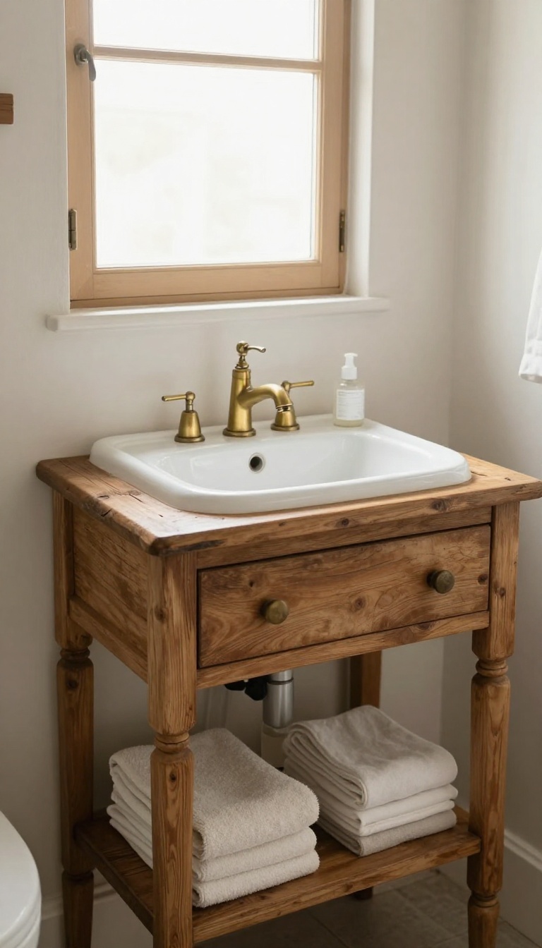Vintage wooden washstand turned into a bathroom vanity with a white vessel sink in a small rustic bathroom