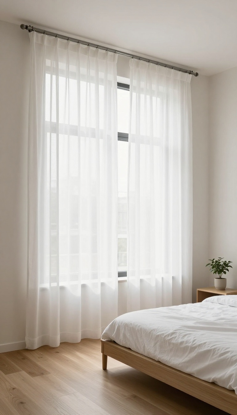 Minimalist small bedroom with sheer white curtains hung high and wide from a ceiling-mounted rod, letting in bright natural light