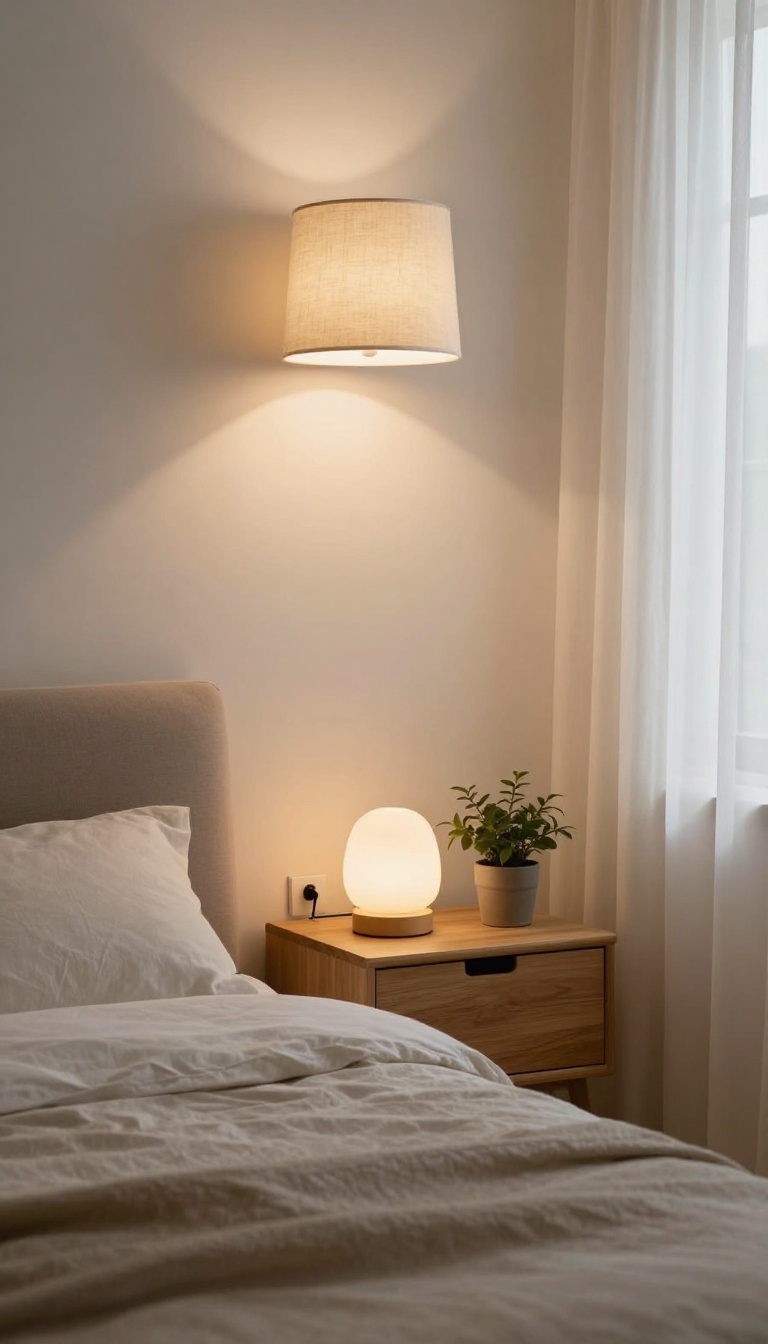 Cozy small bedroom with layered dimmed overhead light and a softly glowing bedside lamp on a dimmer switch