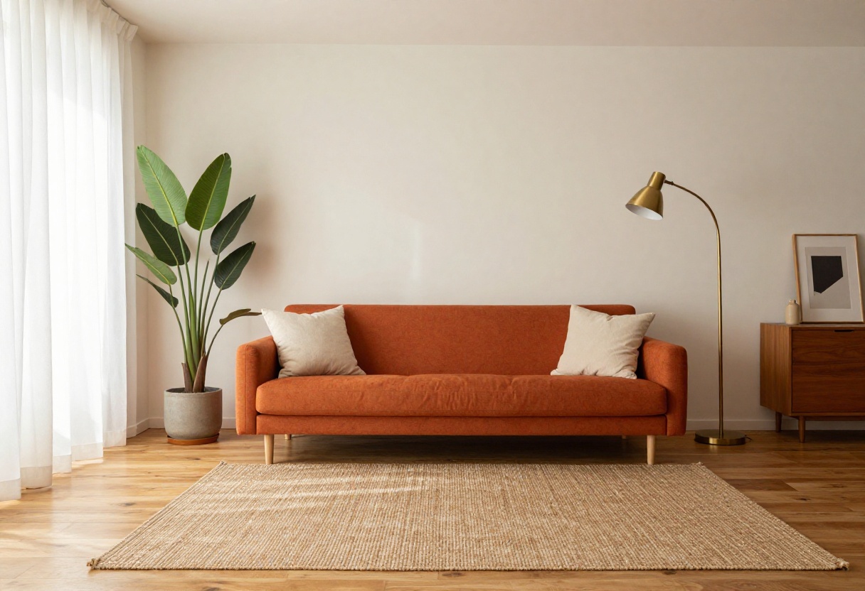 A warm living room with an orange couch styled with neutral pillows, a jute rug, and a brass floor lamp.