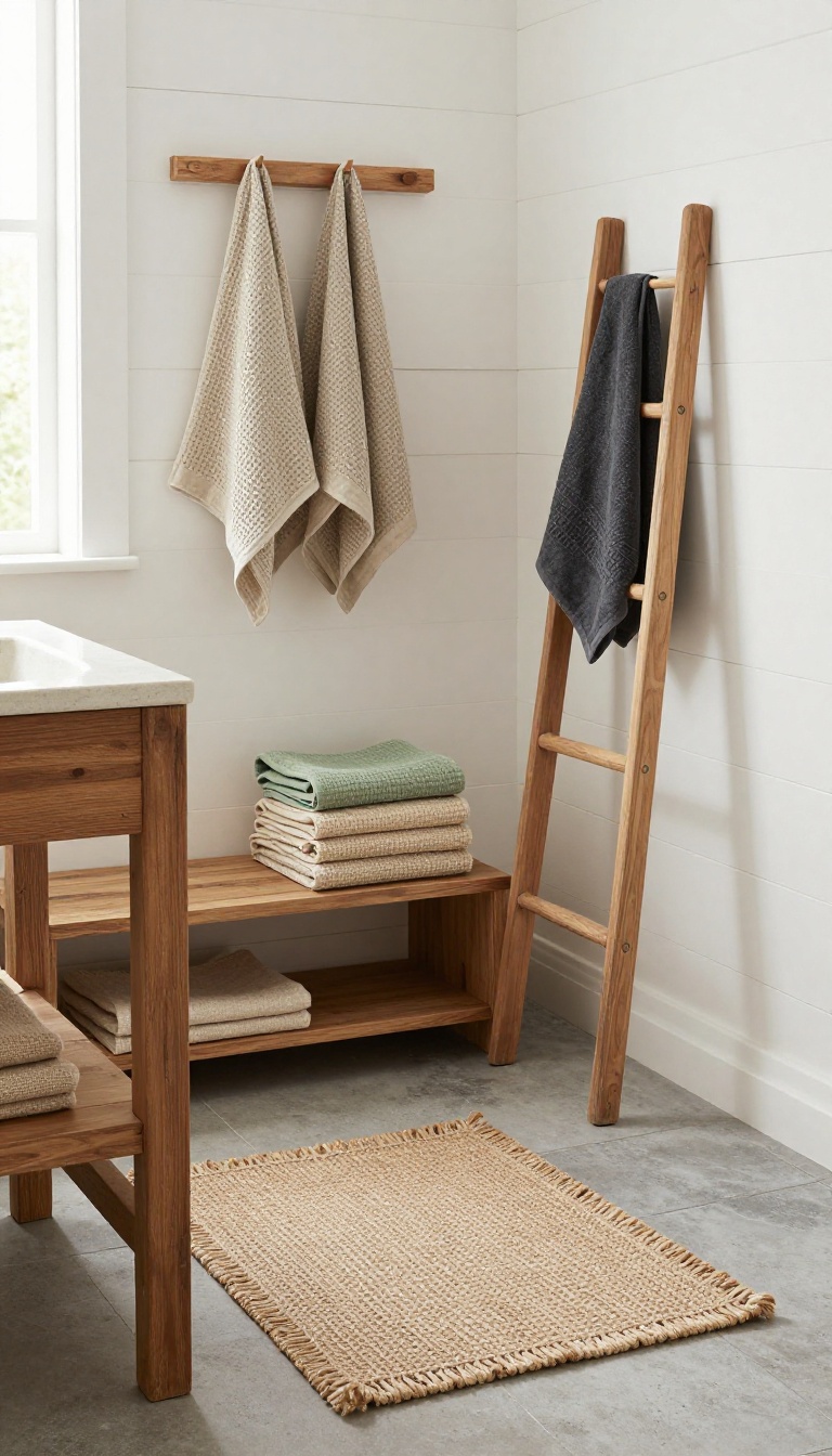 Modern rustic bathroom with a woven jute rug on concrete tile, folded linen and cotton towels on wooden pegs, and a wooden ladder holding a charcoal towel in bright natural light