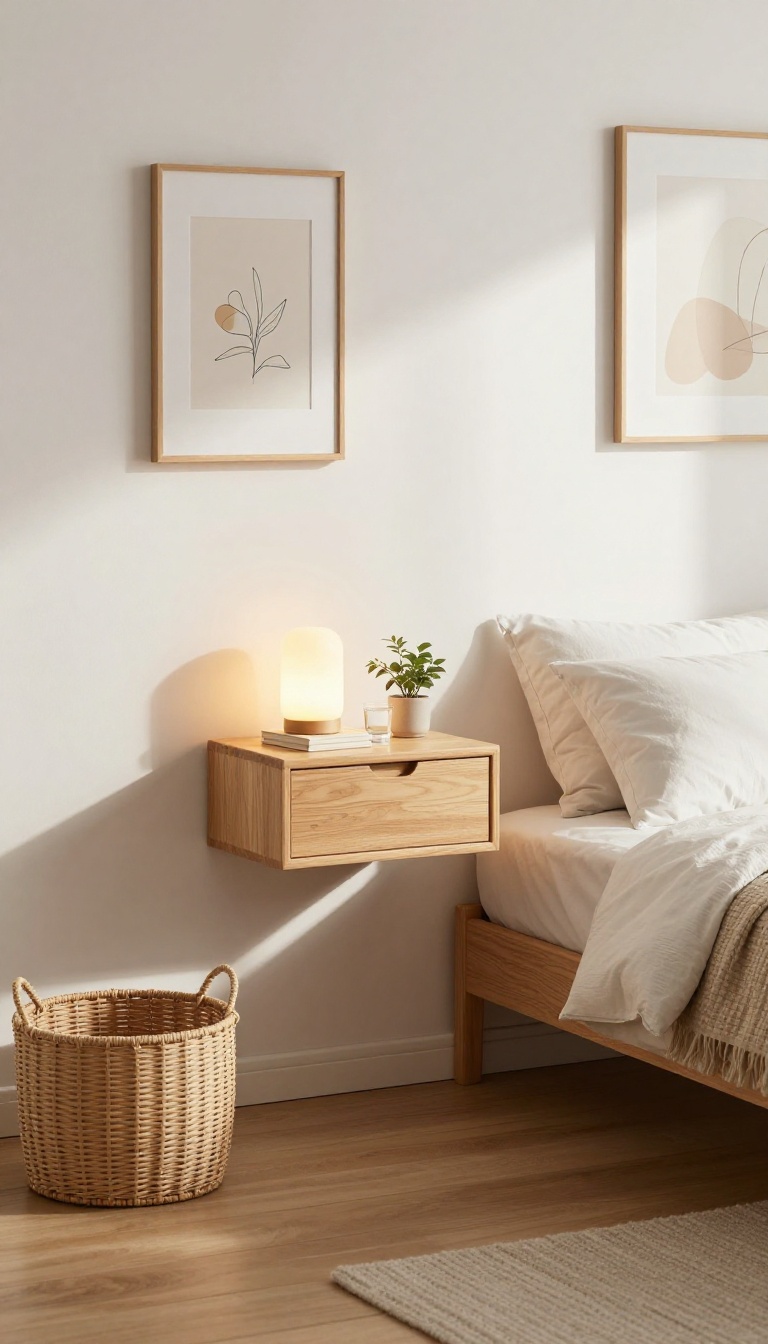 Cozy small bedroom with a wall-mounted floating nightstand holding a lamp, book, and plant, leaving open floor space beneath