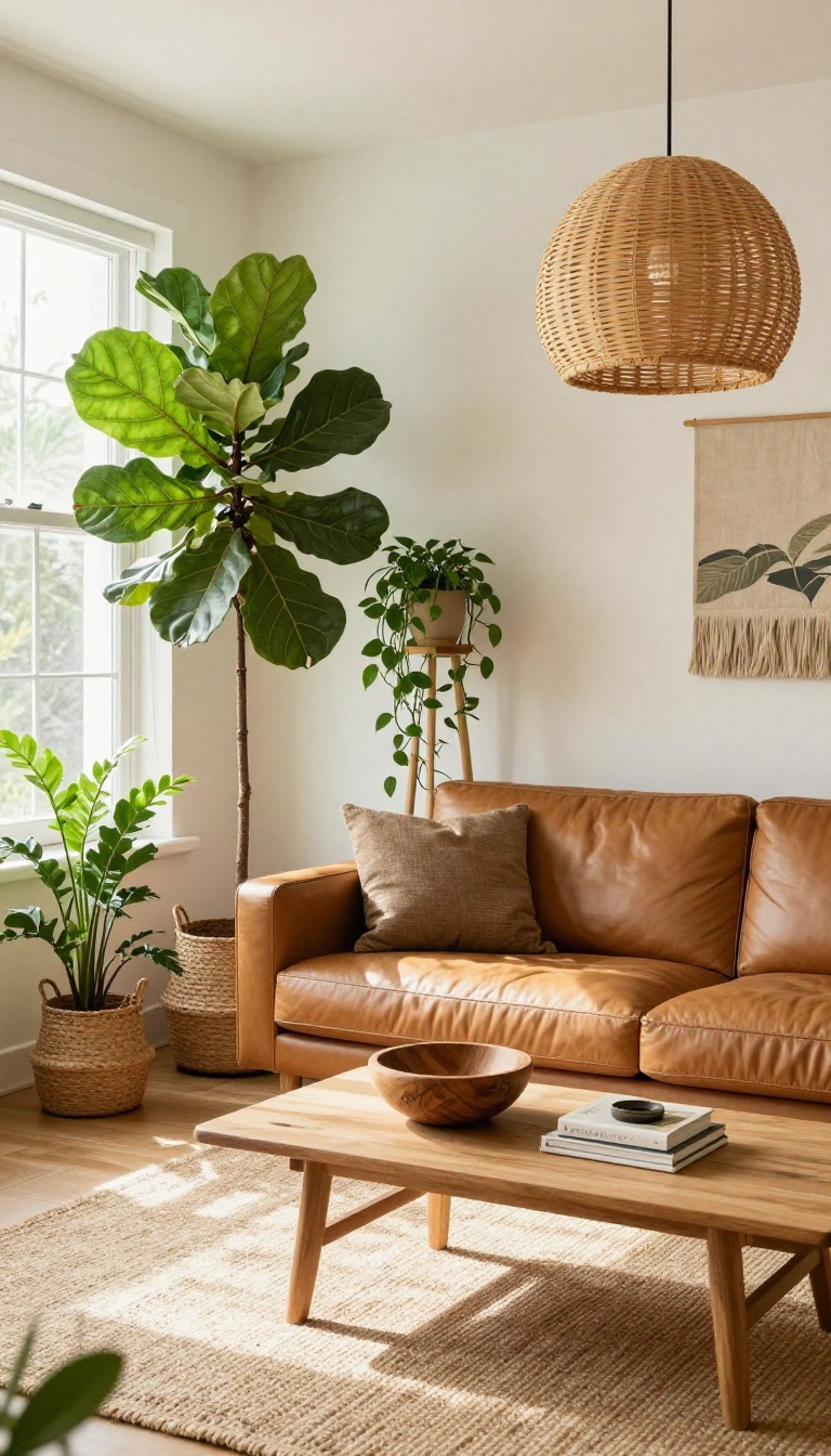 Tan couch styled with greenery and natural elements in a bright living room
