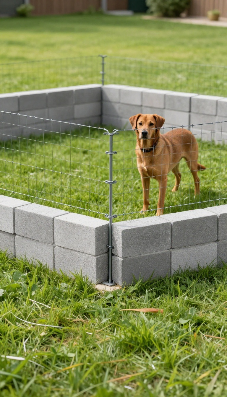 Backyard dog run made from cinder blocks and wire mesh panels on a sunny lawn