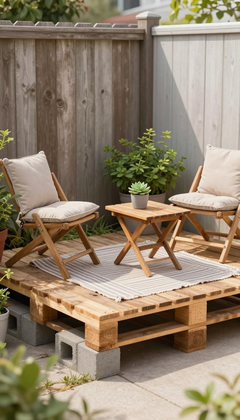 Small backyard corner with a reclaimed pallet turned into a tiny patio deck holding two chairs and a side table in bright natural light