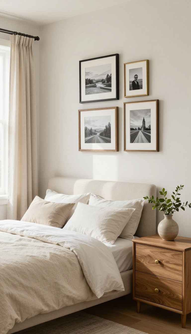 Elegant Pottery Barn-style bedroom with framed photos and art leaning on a wood dresser and hanging above the bed in bright natural light