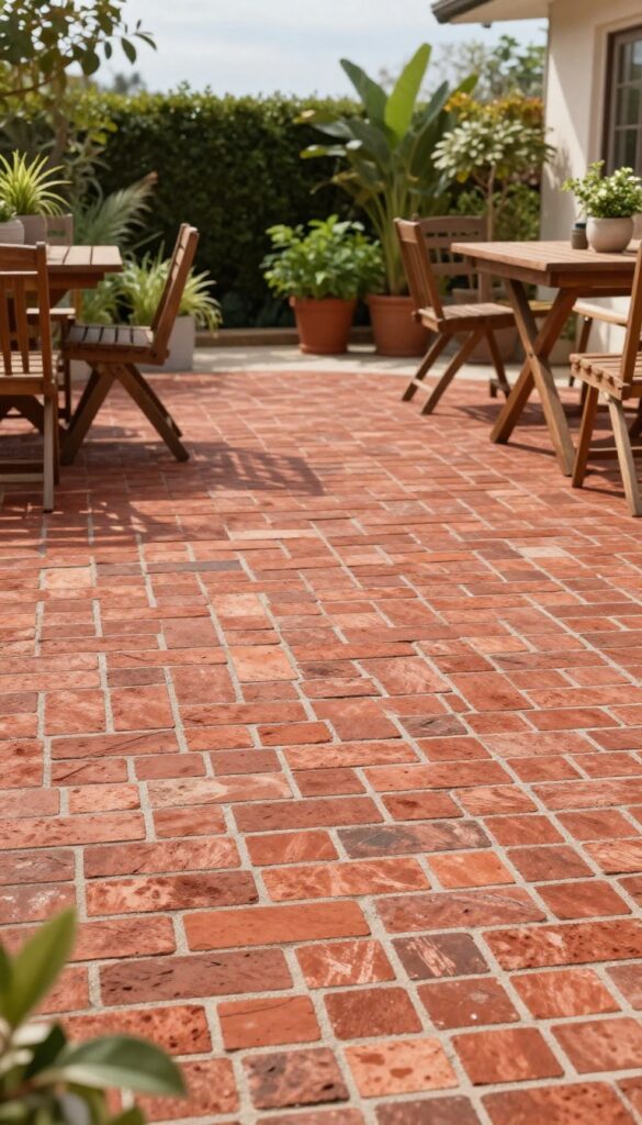 Classic brick herringbone patio with outdoor furniture and plants in natural light
