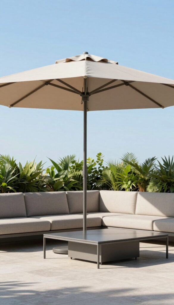 Modern double-top patio umbrella with vented design providing shade and airflow over a stylish outdoor seating area.