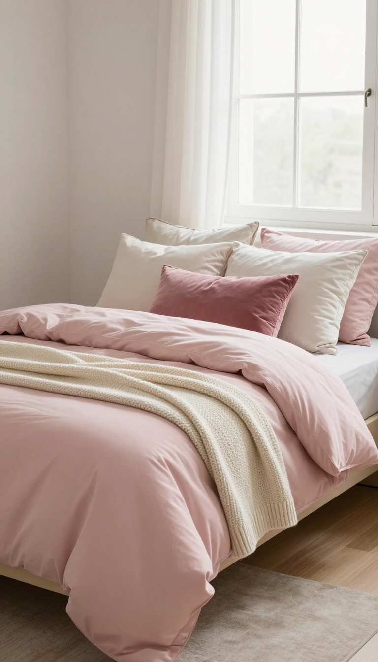 Soft pink bed layered with a blush duvet, cream chunky knit throw, and mixed-fabric pillows in a bright small bedroom