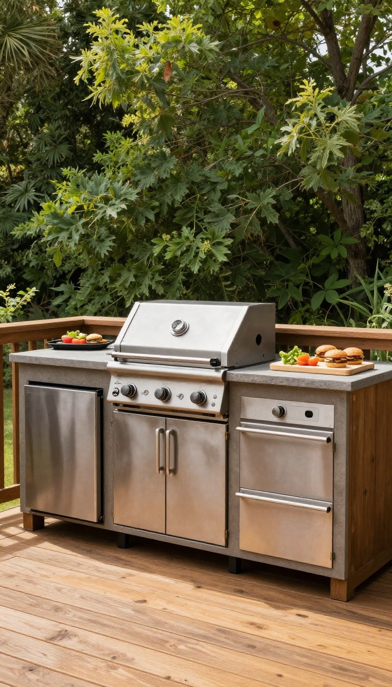 Outdoor kitchen and grill station with stone countertops, built-in grill, and mini fridge on a sunny backyard deck