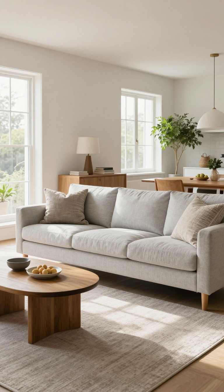 Bright living room with a gray sofa floating in the middle of the room on a large area rug, console table behind it, and two accent chairs forming a conversation zone in natural light
