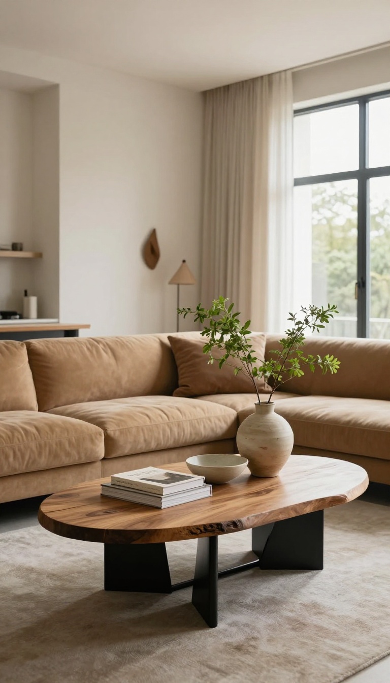 Tan sofa with a round live-edge wood and black metal coffee table styled with books and greenery in a bright living room