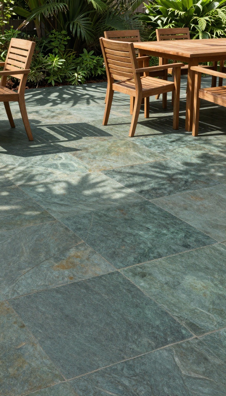 A slate patio with rich color and textured non-slip surface, surrounded by greenery in natural light.