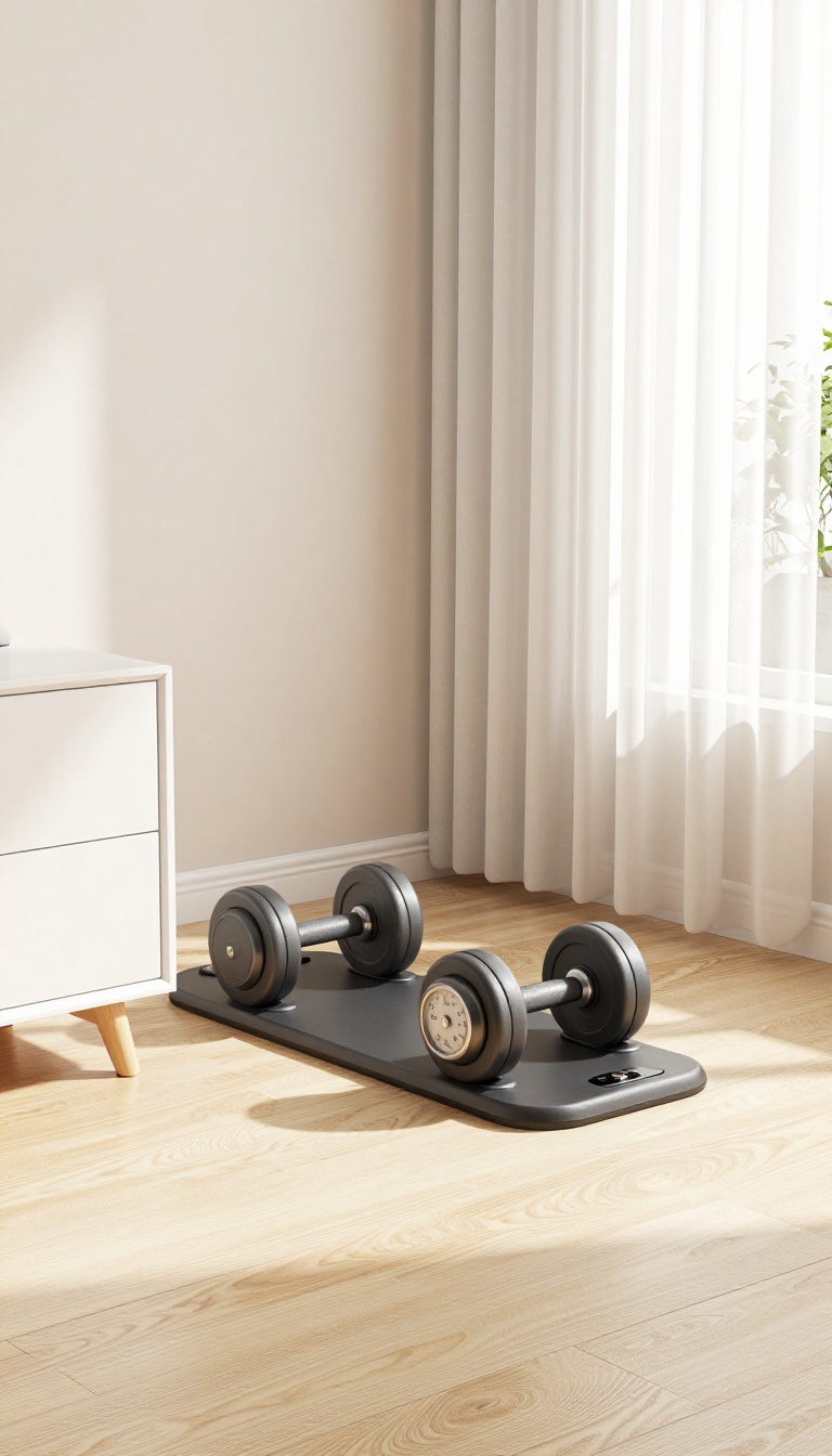 Pair of adjustable dumbbells docked in a compact base on a bedroom floor beside a dresser in a small home gym corner