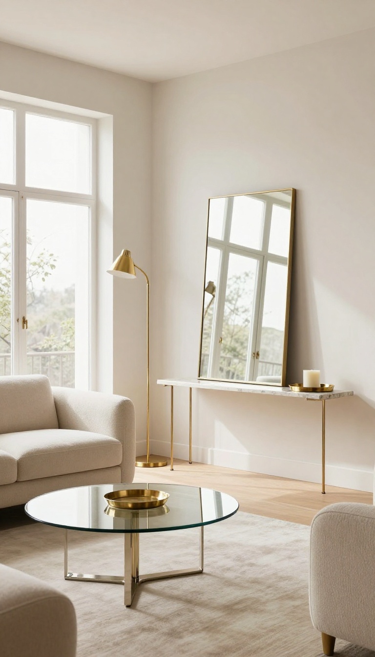 Bright modern luxury living room styled with brass and glass accents, a large mirror reflecting window light, and a glass coffee table