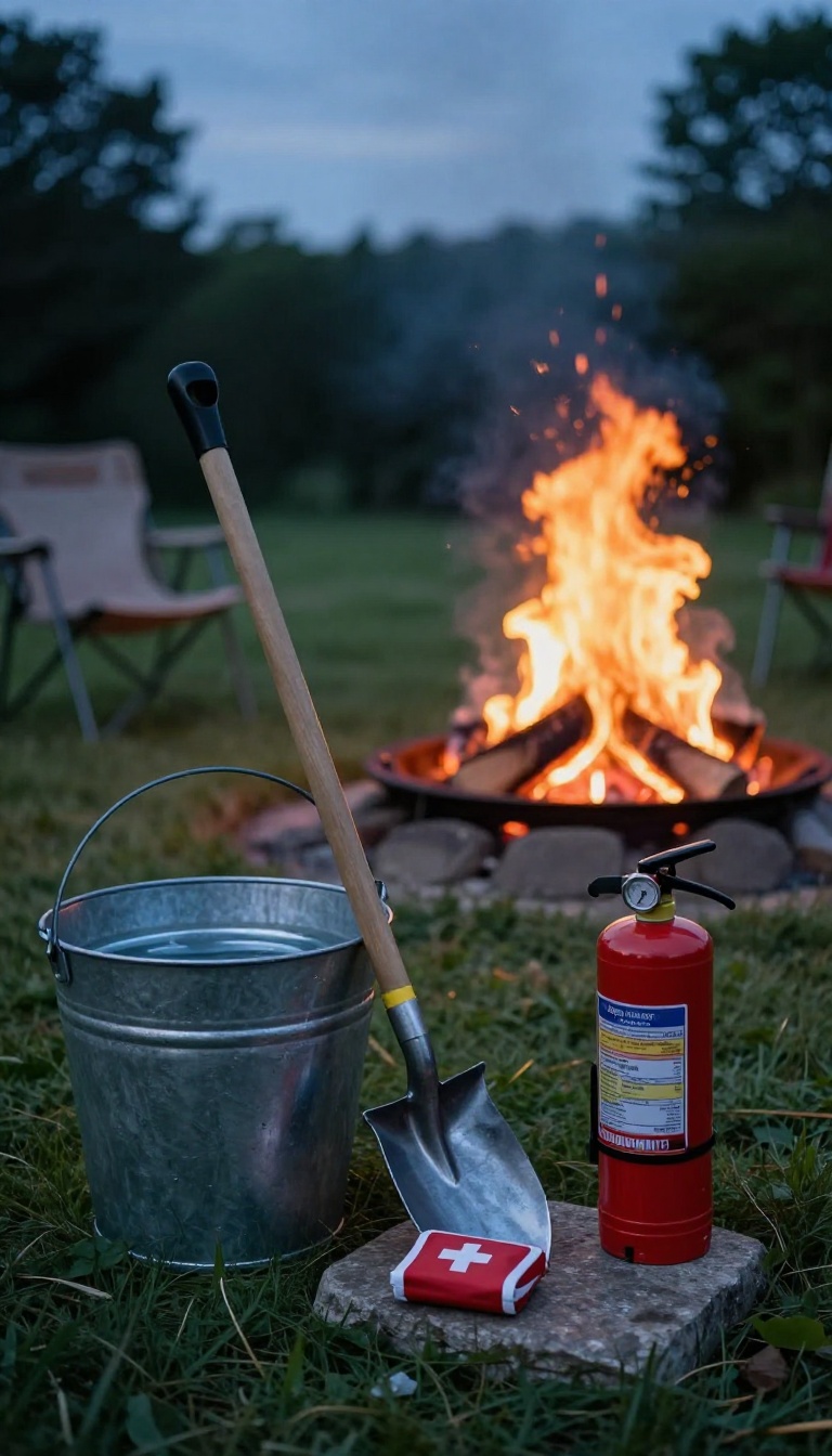 Backyard bonfire safety station with a water bucket, shovel, fire extinguisher, and first-aid kit set up on the grass near a glowing fire pit at dusk