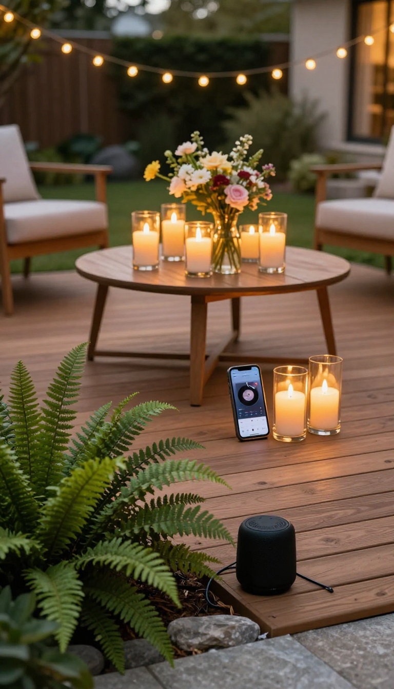 Discreet outdoor speaker hidden among plants in a stylish backyard party setup with string lights and elegant table decor