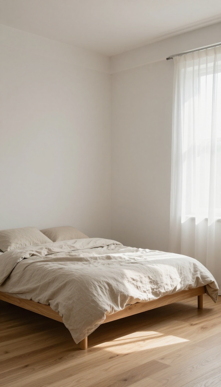 Small Korean-style bedroom with warm white walls, oatmeal linen bedding, pale gray trim, and soft morning light creating a calm, airy mood