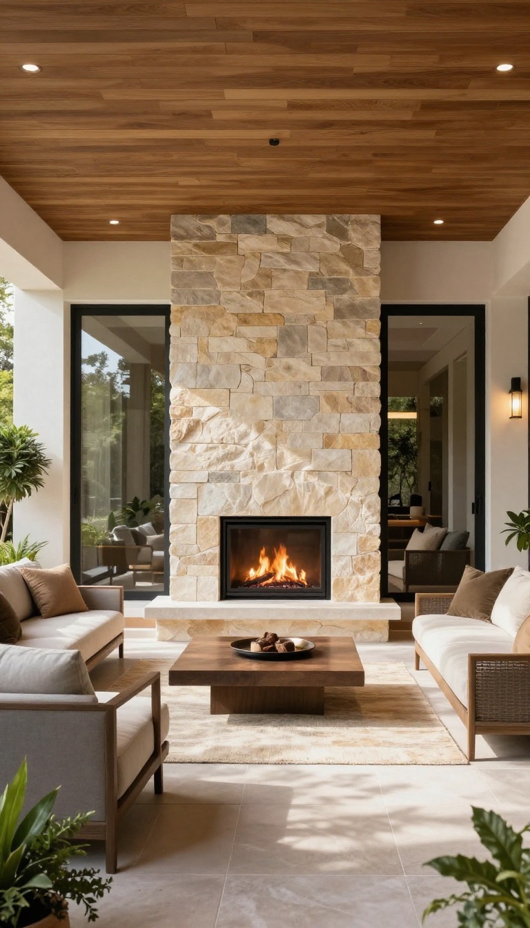 Double-sided fireplace connecting an indoor living room and a covered patio, with seating areas on both sides and natural light streaming in.