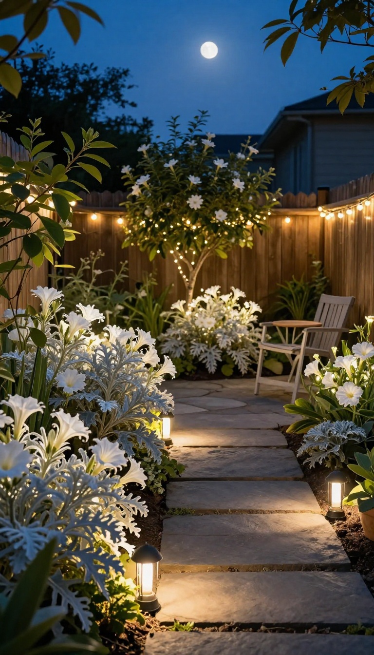 Small backyard night garden glowing after sunset with white flowers, silver foliage, solar stake lights, and string lights along a fence
