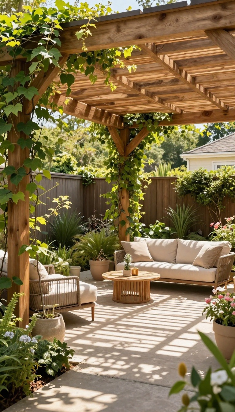 Cozy backyard courtyard with a wooden pergola casting dappled shade over an outdoor seating area
