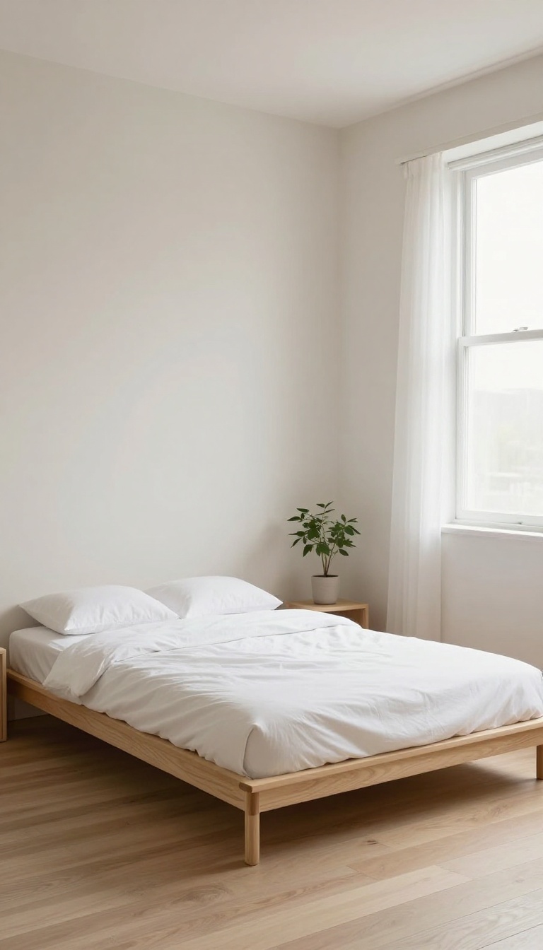 Bright minimalist small bedroom with a low-profile platform bed and clean white bedding