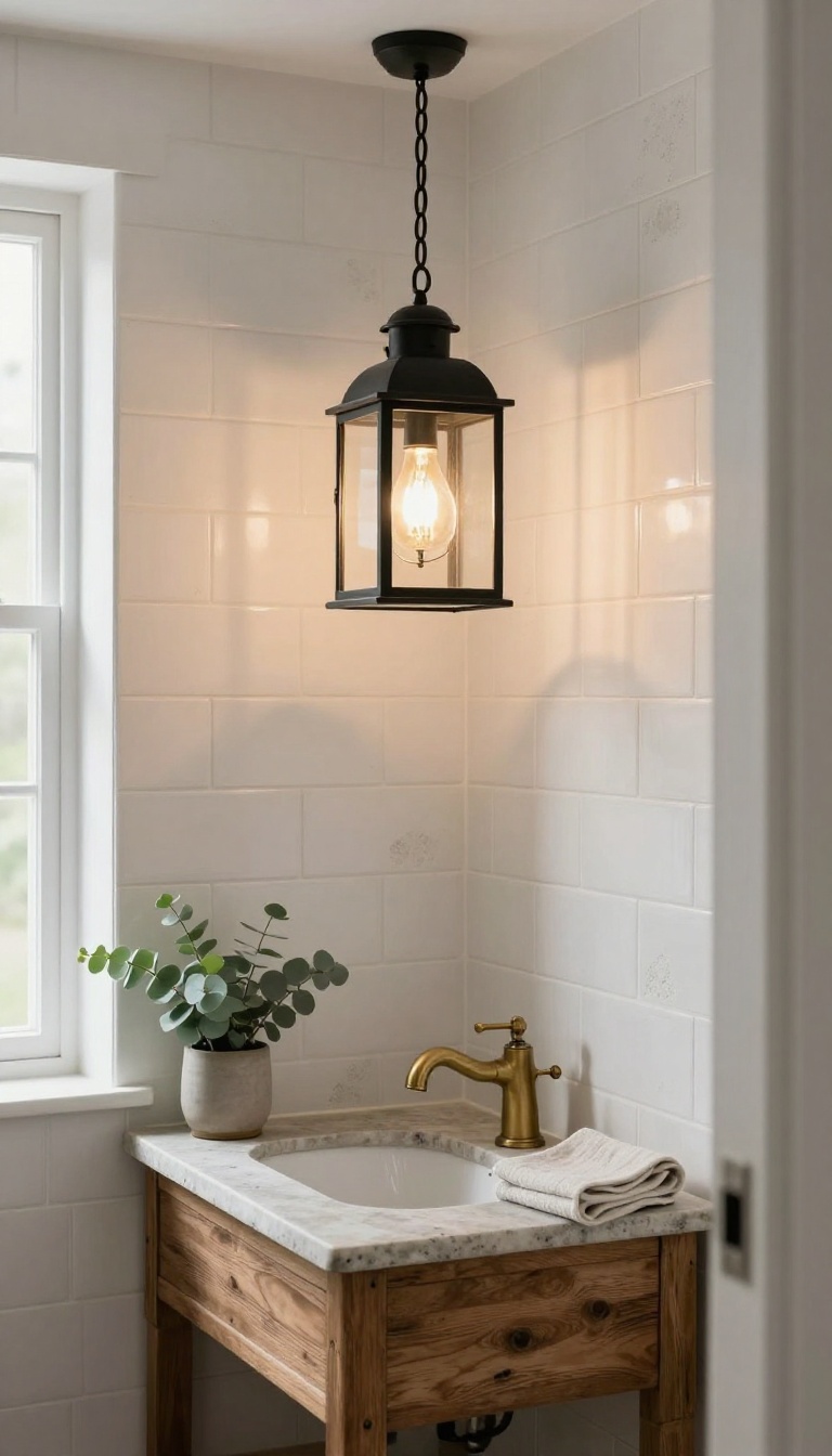 Small rustic bathroom with a black metal lantern-style pendant light above a weathered wood vanity and stone countertop