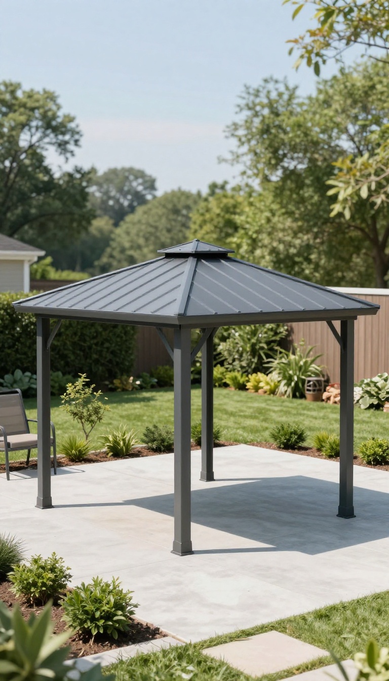 Hardtop metal gazebo with a powder-coated steel roof providing low-maintenance shade over a backyard patio