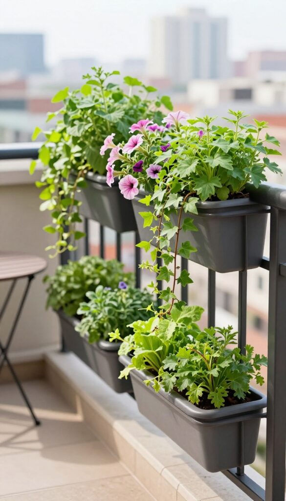 Rail-mounted planters filled with herbs and flowers on a small balcony railing, maximizing edge space in a patio garden.