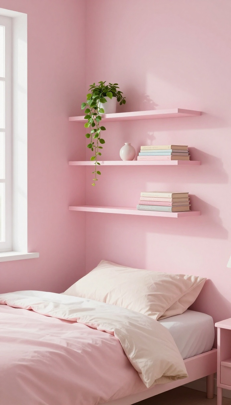 Small bedroom with blush pink walls and matching pink floating shelves holding a plant and books in bright natural light