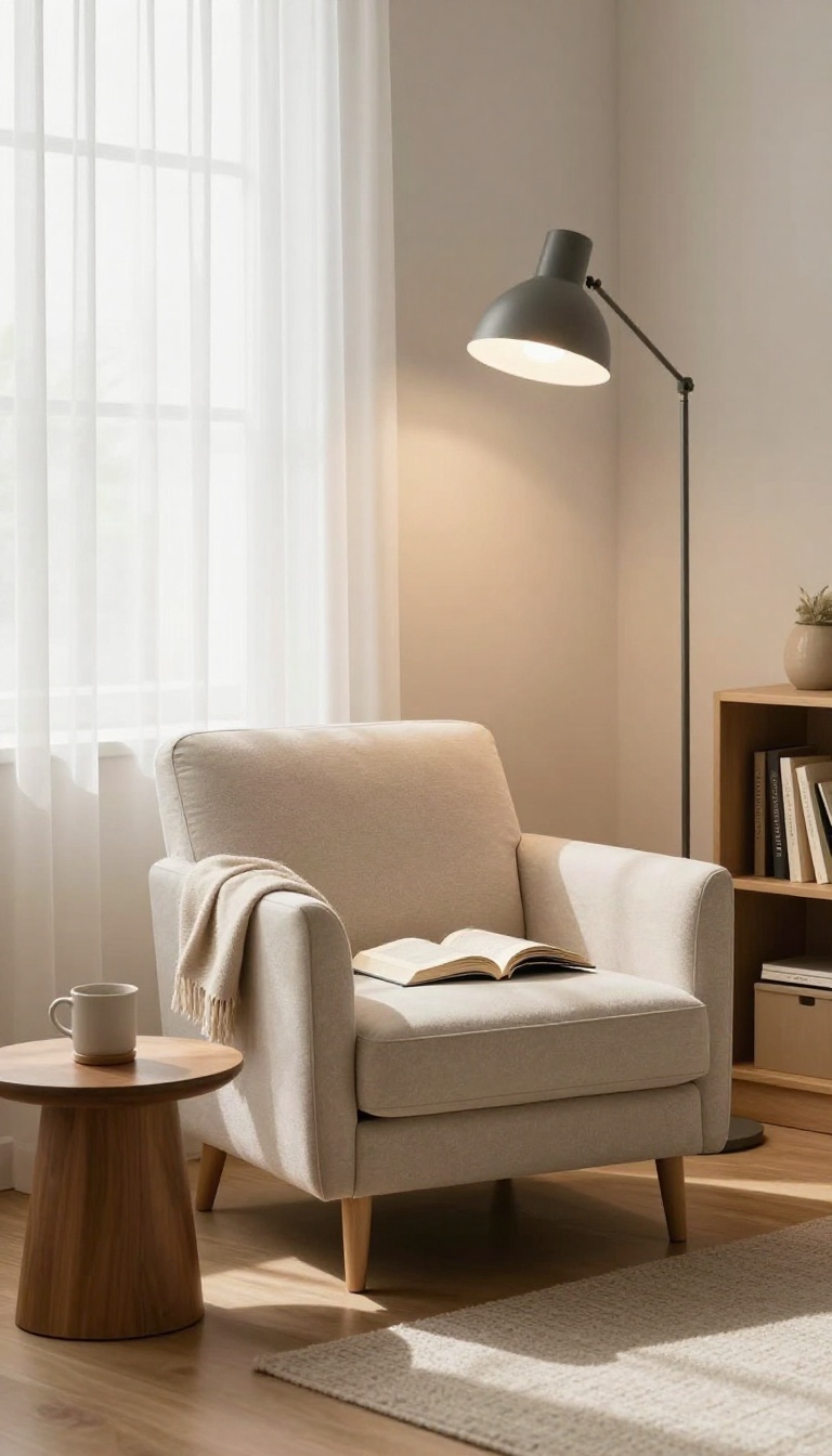 Cozy corner reading nook with a cushioned armchair, throw blanket, adjustable floor lamp, and small side table beside a bright window