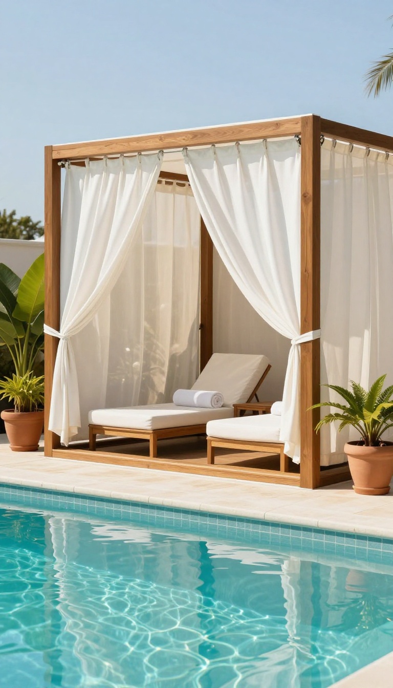 Poolside gazebo with white privacy curtains tied back beside a bright blue backyard swimming pool