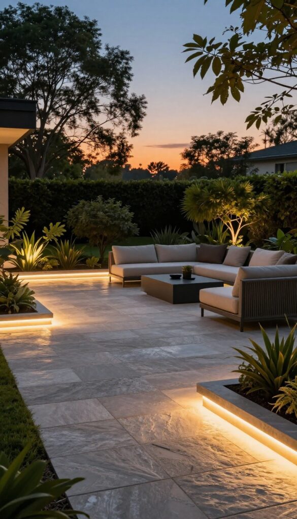 Paver patio with built-in lighting at dusk, highlighting the paver pattern and creating a warm, inviting atmosphere.